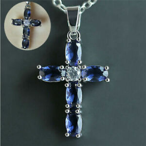 new Jewlery for Women Necklace Gift Blue Sapphire Silver Fashion Pendant Cross