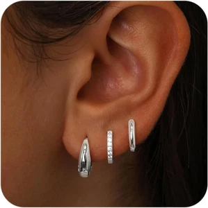 Small Sterling Silver Hoop Huggie Earrings Set for Women, Silver Stud Earrings f - Picture 1 of 7