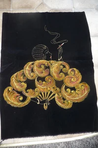 VINTAGE BLACK VELVET FELT PAINTING ART~Art Deco Lady Smoking w/ Feather Fan - Picture 1 of 4