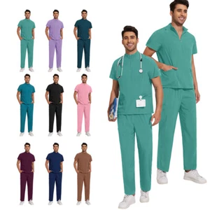 NiaaHinn Scrub Set Men Medical Hospital Uniform Zipper Top Straight Pant Unisex - Picture 1 of 113