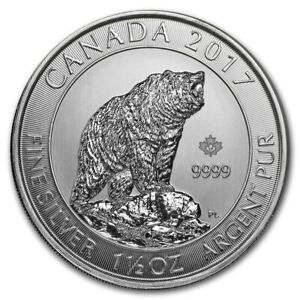 1.5 Ounce .9999 Fine Silver Grizzly Bear 2017 Canada Wildlife $8 Coin, 1 1/2 oz