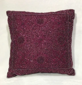 Wine Purple Heavily Beaded Embroidered Decorative Accent Pillow 12 x 12 in. - Picture 1 of 7