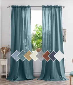 Teal Curtains 84 Inch Length For Living Room 2 Panels Linen Textured Sheer Curta - Picture 1 of 7