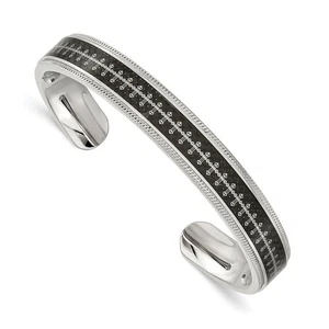 Men's 10mm Stainless Steel, Black Carbon Fiber & Cross Cuff Bracelet - Picture 1 of 6