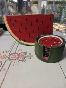 Primitive handbemalte Volkskunst Holz Wassermelone Scheibe & sechs Untersetzer Vintage - Bild 1 von 9