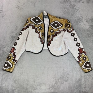 Chaqueta Bolero de Seda Vintage Plata Mesa Lentejuelas Azteca Suroeste Festival Rave M - Imagen 1 de 9