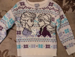 Disney Frozen II 2 Knitted Sweater Top Girl 5T Elsa Anna Sisters Snowflake White - Picture 1 of 5