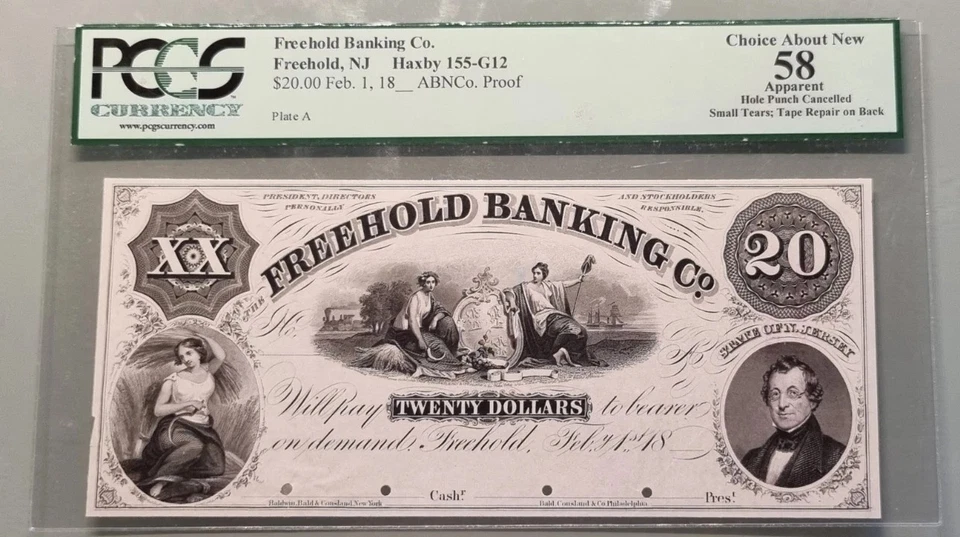 Obsolete Currency 20 Dollars Freehold Banking Co New Jersey PROOF PCGS 58 #96321 - Image 1 of 2