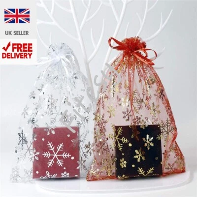 CHRISTMAS SNOWFLAKE ORGANZA BAGS GIFT BAG  POUCH LARGE SMALL RED GOLD WHITE GOLD - Image 1 of 4