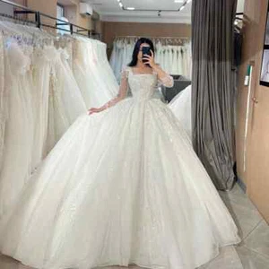 Elegant White Wedding Dress Square Neck Long Sleeved Lace Appliques Bridal Gowns - Picture 1 of 12