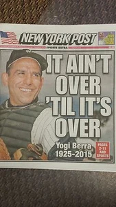 YOGI BERRA RIP NY POST GIORNALE NY YANKEES 24/09/15 PAPA FRANCESCO VISITA POSTER   - Foto 1 di 3