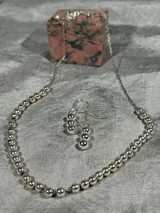 CLASSIC STERLING SILVER BALLS NECKLACE 20" ADJUSTABLE AND EARRINGS 1" - Picture 1 of 2