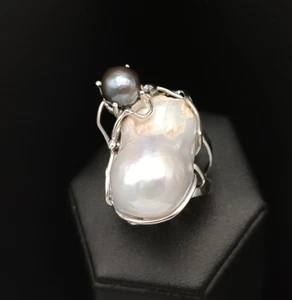 Woman's Genuine Baroque Natural Pearl Ring White Silver Adjustable Band Pearl - Picture 1 of 7