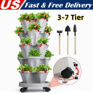 3-7 Tier Stackable Planters Vertical Planter Flower Pot with 360° Wheels & Tools - Picture 1 of 19