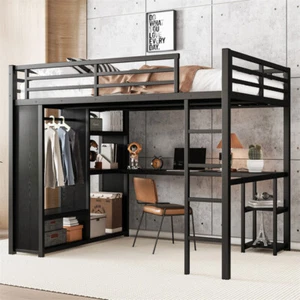 Metal Queen Size Loft Bed Frame with Wardrobe /Desk /Storage Shelves Black - Picture 1 of 13