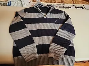 Nautica Men's Navy Tan Stripped 100% Cotton Heavy Partial Zip Sweater Sz L (T-4) - Picture 1 of 10