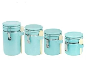 NEU 4 Stück Keramik Kanister Set mit Holzlöffeln, Türkis-Ostern/Frühlingsdeko - Bild 1 von 2