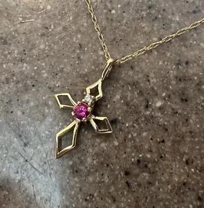 Vintage 14K Yellow Gold Plated 0.50Ct Ruby Diamond Cross Pendant Necklace - Picture 1 of 8