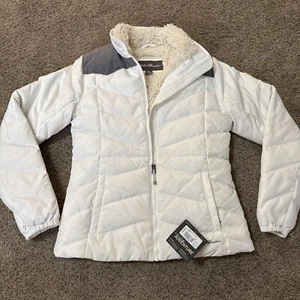 Neu mit Etikett Eddie Bauer Damen weiße Jacke Daunen Highland Schnee Puffer Softshell Ski XS - Bild 1 von 18
