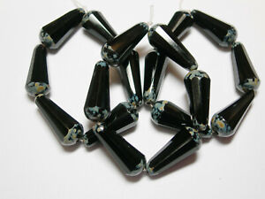 6 Czech Glass Black Travertine Faceted Teardrop Beads 19x8mm