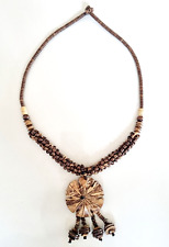 Wood Necklace Floral Pattern Pendant Tassel Coconut Beads Carved Alternate Color