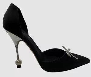 Giambattista Valli Women's Black Satin Crystal Bow Pump Heel Shoes Size 38.5 - Picture 1 of 12