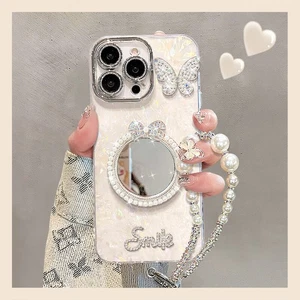 For iPhone 16 15 Pro Max 14 13 12 Phone Cover Luxury Pearl Mirror Bracelet Case - Picture 1 of 9