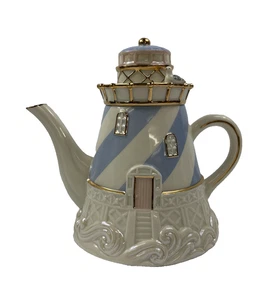 Lenox 2003 Seaside Lighthouse Teekanne 7" hoch Porzellan 24K Goldrand Vintage - Bild 1 von 10