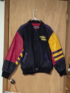 VTG 90s Jeff Hamilton Looney Tunes Leather Canvas Jacket Size L Rap Cartoon Art - Picture 1 of 14