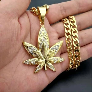 Gold Hemp Leaf Pendant Necklace Men Gold Colour Rhinestone Hippie Jewelry Gift - Picture 1 of 6