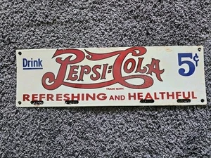 VINTAGE PEPSI-COLA PORCELAIN 5 CENTS BEVERAGE SODA GAS STATION SIGN COKE 18".... - Picture 1 of 2