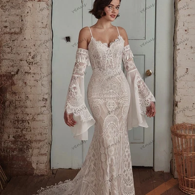 Vestidos de novia boho elegantes apliques de encaje mangas acampanadas batas vestidos de novia  Foto 1 de 4