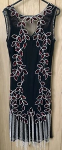 Black Roman Dress Size 12 Red Sequin Beaded Fringe Flapper Gatsby 20s Party - Picture 1 of 5