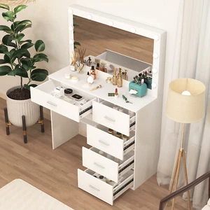 Modern Dressing Table White Make up Desk 5 Drawers Vanity Set W/ Lighted Mirror - Picture 1 of 12