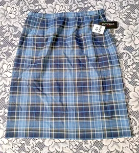 City Seidenrock Damengröße 10 blau kariert Rückenfalte Reißverschluss gefüttert neu mit Etikett  - Bild 1 von 9