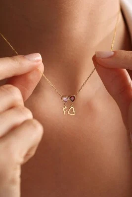 Simulated Heart With Name Letter Multi Gemstone Necklace In 10K Yellow Gold - Image 1 of 4