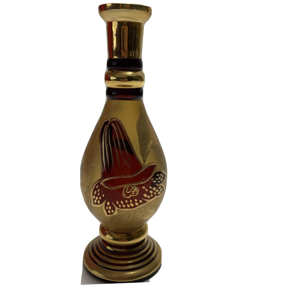 Vintage Czech Bohemia Crystal Decanter Vase Gold Flower 10" - Image 1 of 4