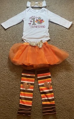 Meias de peru tutu laranja 12-18M primeira roupa de ação de graças bebê menina - Imagem 1 de 4