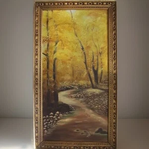 VINTAGE AMERICAN LANDSCAPE OIL PAINTING TREES SIGNED GOLD FRAME 33" X 18.5" - Imagen 1 de 8