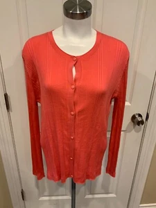 St. John Coral Pink Wool Thin Rib Knit Long Sleeve Cardigan Sweater, Size XL - Picture 1 of 9