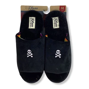 Women's Slippers Dluxe by Dearfoams Skull Black Fuzzy Soft Medium US Size 7-8 - Picture 1 of 7