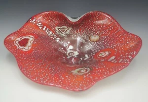 MURANO GLASS VINTAGE SILVER AVENTURINE MILLEFIORI RED FOLDED CORNER LARGE BOWL - Picture 1 of 10