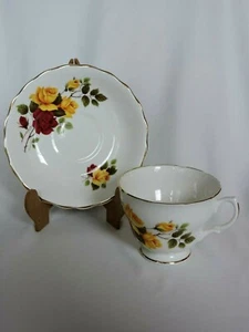 VIntage Hamilton Teacup Saucer Set Fine Bone China Red Yellow Roses Flowers - Picture 1 of 6