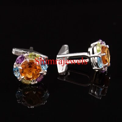 Gemelos de plata chapados en oro blanco de 18 quilates citrino natural y varias piedras #477 Foto 1 de 4