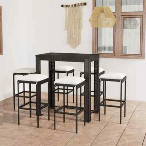 NNEVL 7 Piece Garden Bar Set with Cushions Poly Rattan Black - Picture 1 of 11