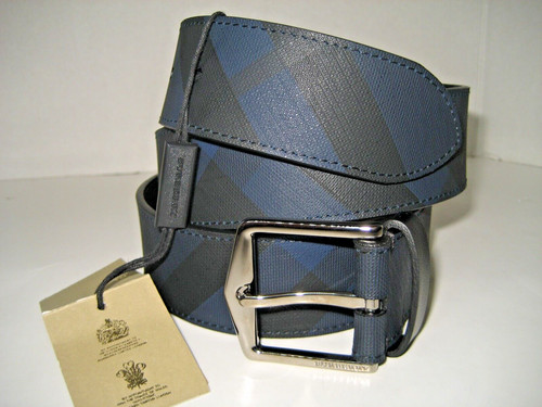 $395 NUOVA BURBERRY cintura uomo 32 in 80 cm London check nero blu logo fibbia metallo