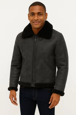 Men’s B6 Slim Fit Shearling Bomber Jacket Black Aviator RAF Pilot Leather Coat - Image 1 of 3