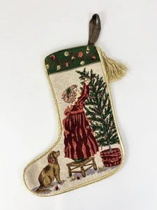 Vintage Tapestry Stocking Girl Decorating Christmas Tree With Puppy Dog - Picture 1 of 5