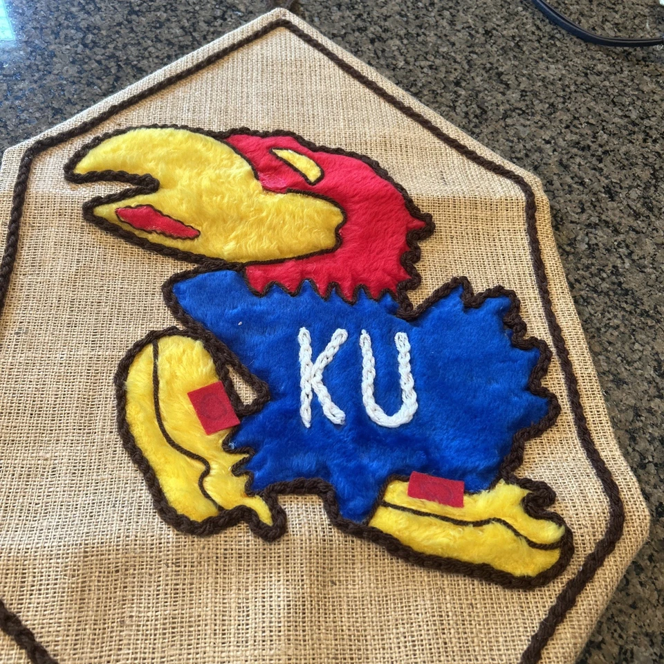Vintage KU Kansas University Jayhawks Burlap Wall Decor Flag/Banner  - Image 1 of 4