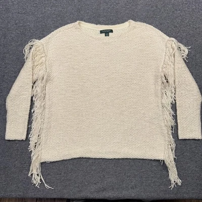 Suéter Lauren Ralph Lauren Pequeño Mediano Marfil Flecos Boho Western Pullover Foto 1 de 4